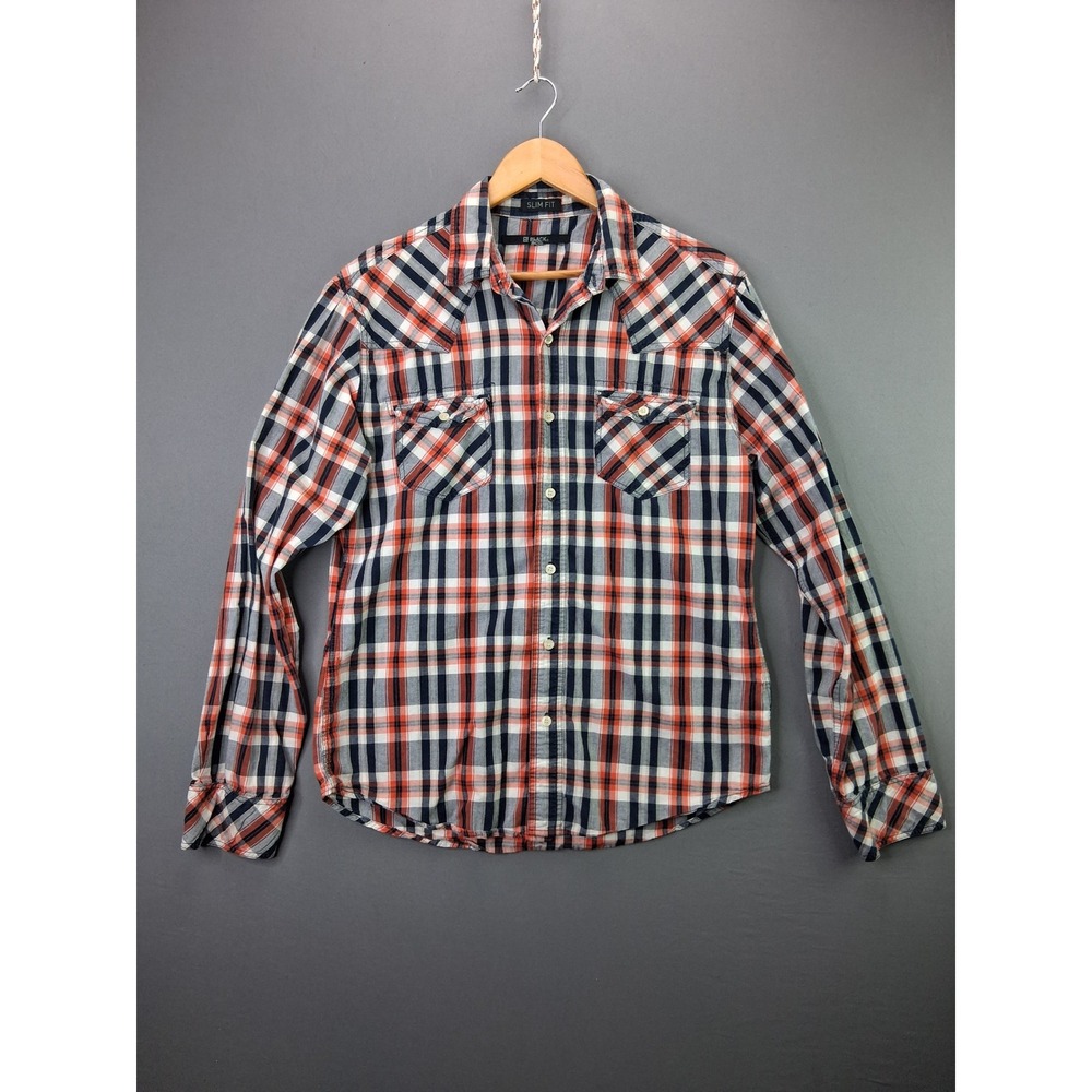 21 Black Western Shirt Slim Fit Large Orange Blue Plaid Cotton Long Sleeve 1913